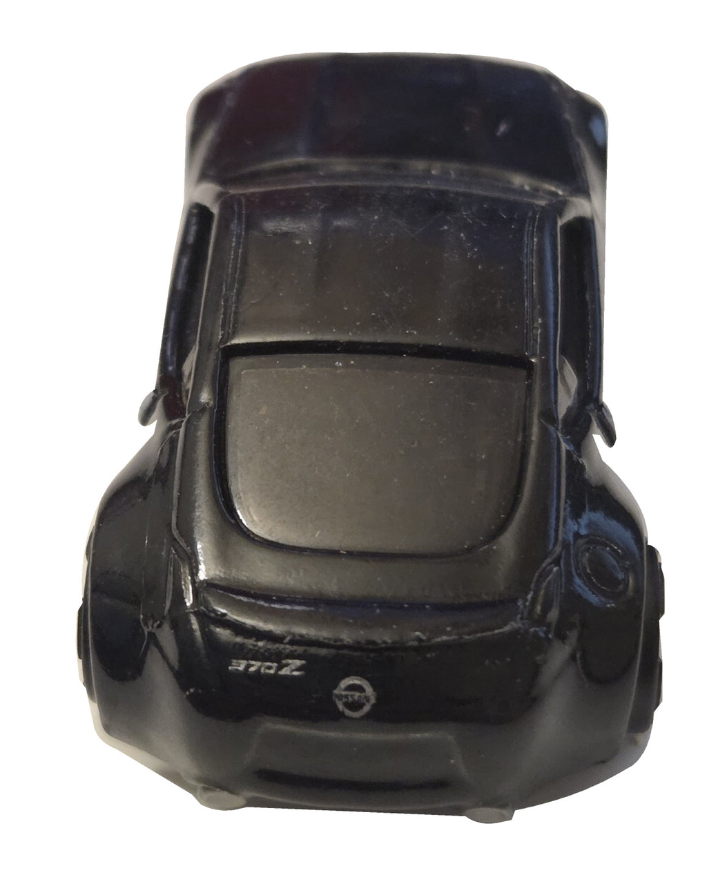 Pre-owned Hot Wheels Nissan 370Z black with white and gray stripes rear view on white background