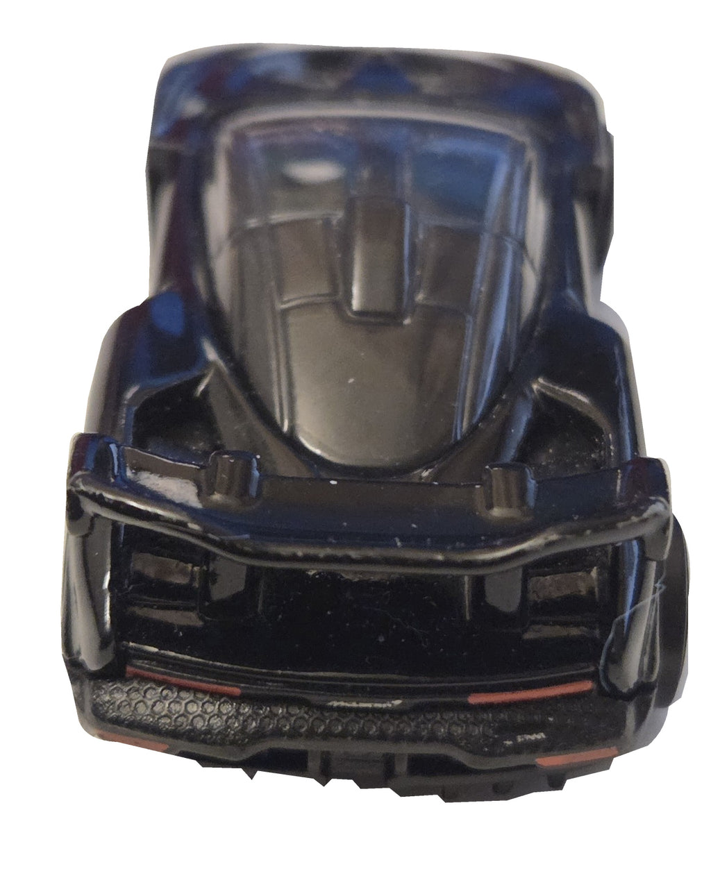 Pre-owned Hot Wheels McLaren Senna black rear view on white background showing actual condition