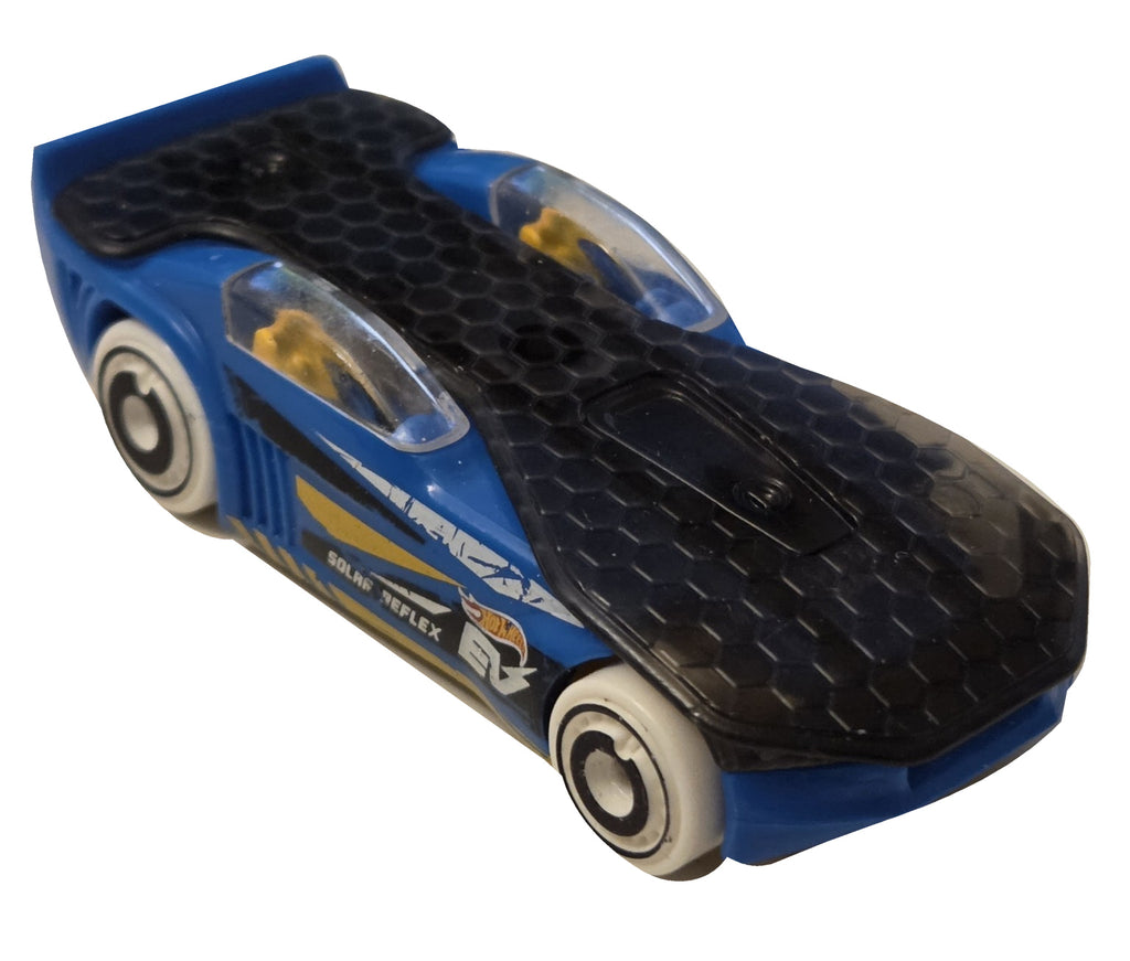 Pre-owned Hot Wheels Solar Reflex blue and yellow front-left view on white background showing actual condition