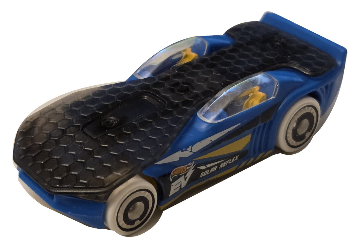 Pre-owned Hot Wheels Solar Reflex blue and yellow front-right view on white background showing actual condition