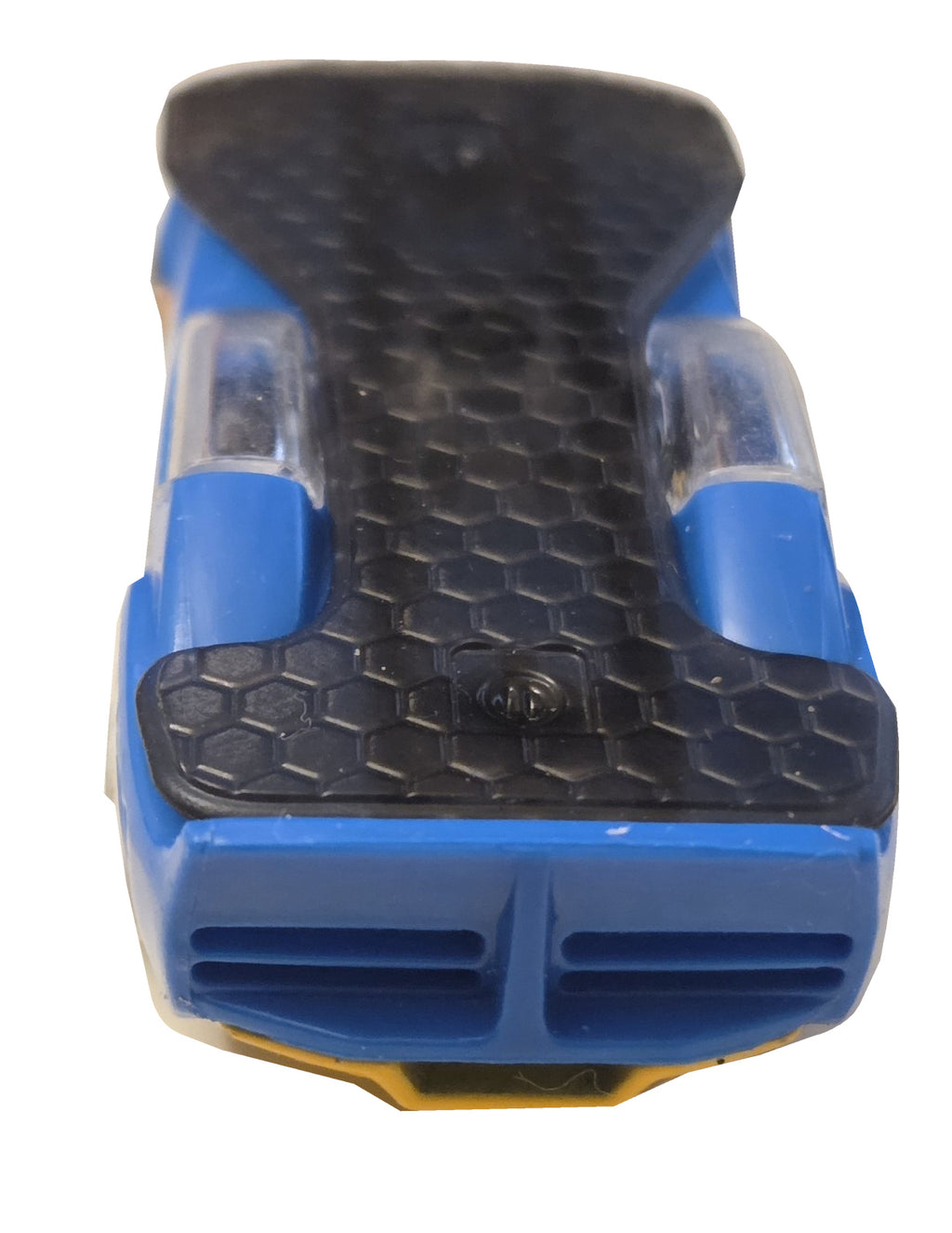 Pre-owned Hot Wheels Solar Reflex blue and yellow rear view on white background showing actual condition