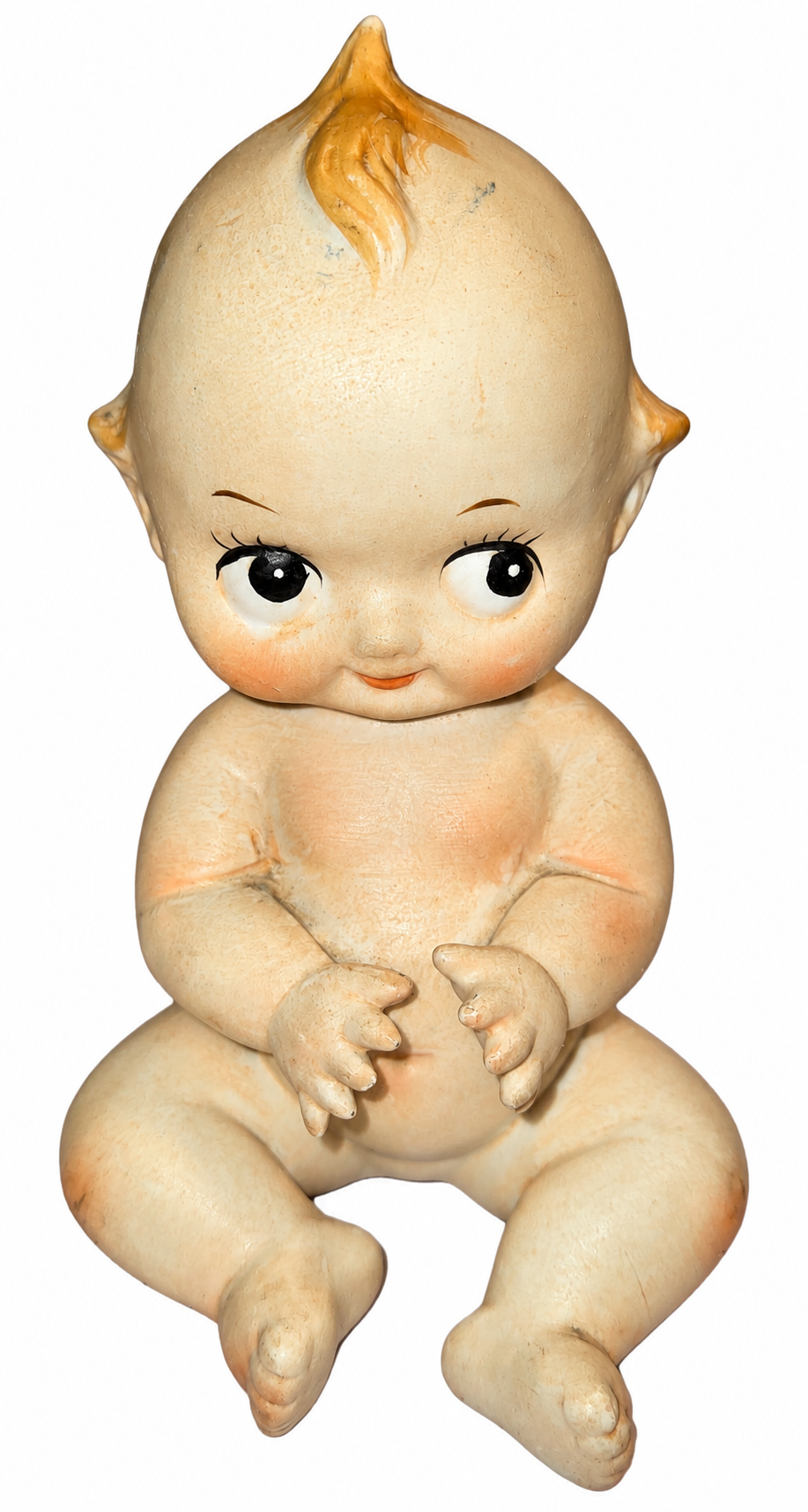 Vintage seated Kewpie ceramic figurine front with age wear visible on white background