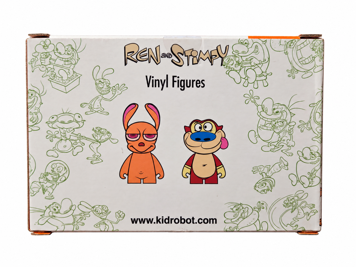 Kidrobot Ren and Stimpy vinyl figure 2-pack back of original box, showing packaging wear