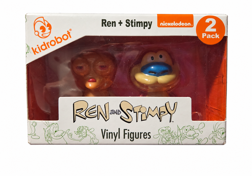 Kidrobot Ren and Stimpy vinyl figure 2-pack front of original box, showing packaging wear