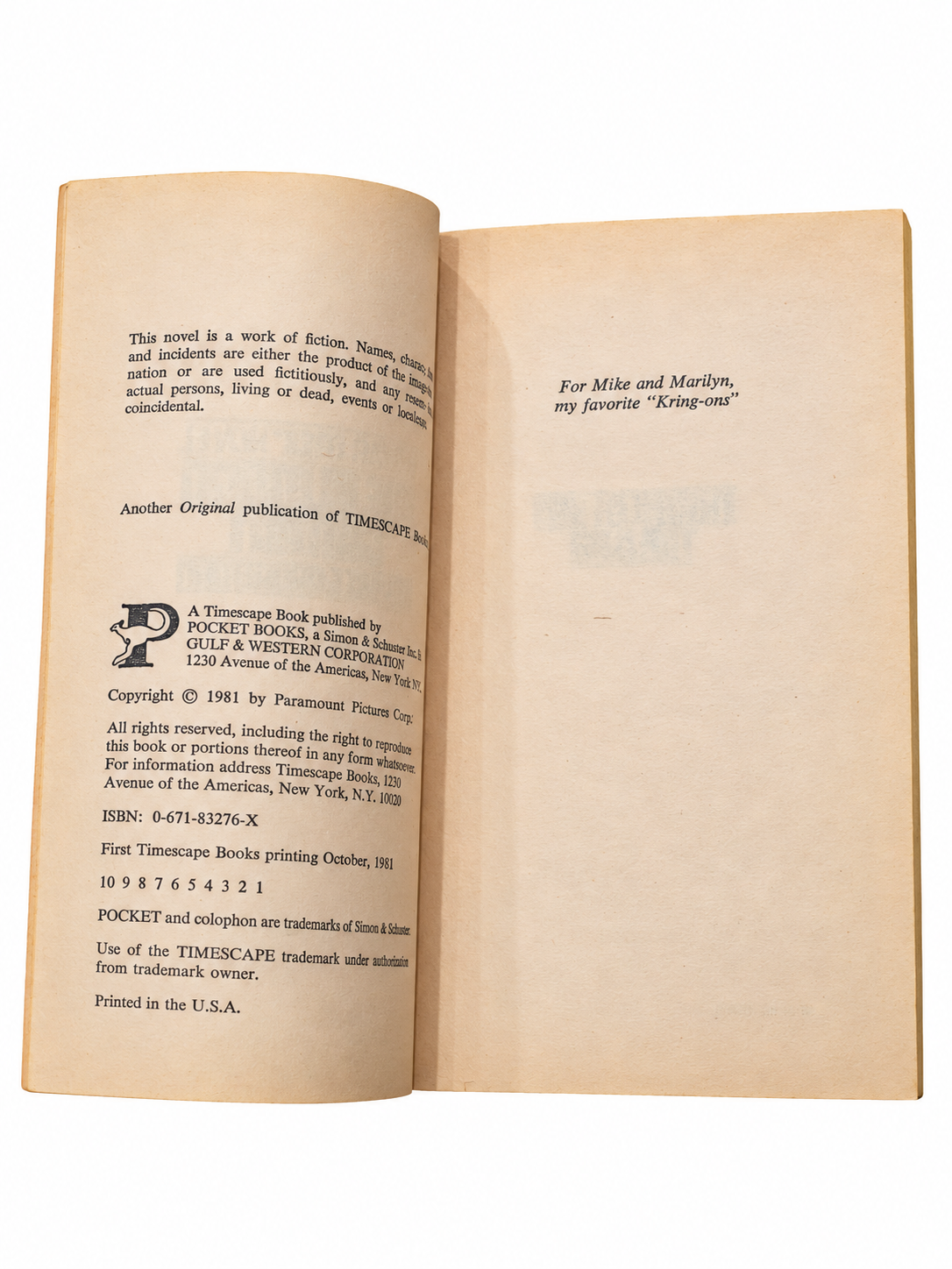 The Klingon Gambit first printing copyright page and dedication