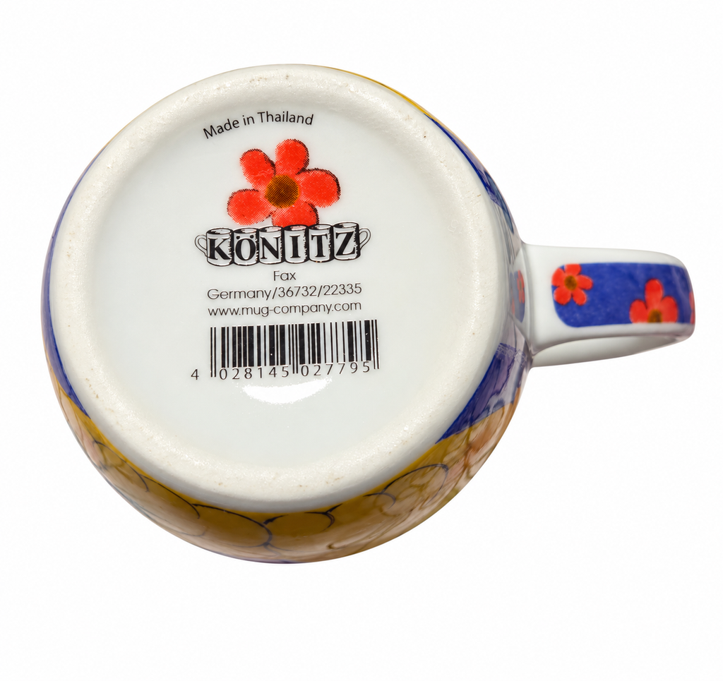 Könitz yellow cat floral mug base view on white background