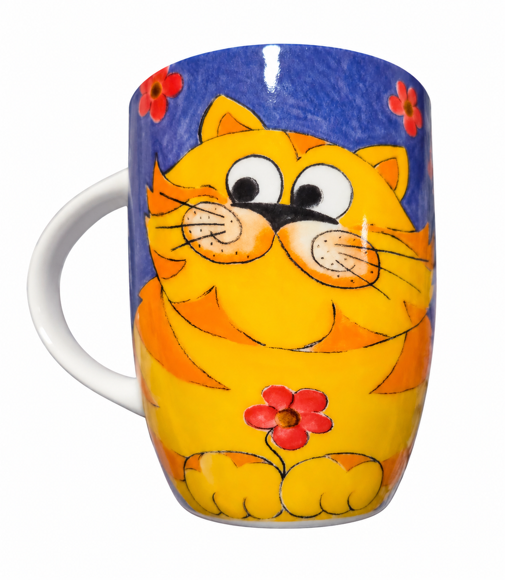 Könitz yellow cat floral mug reverse view on white background