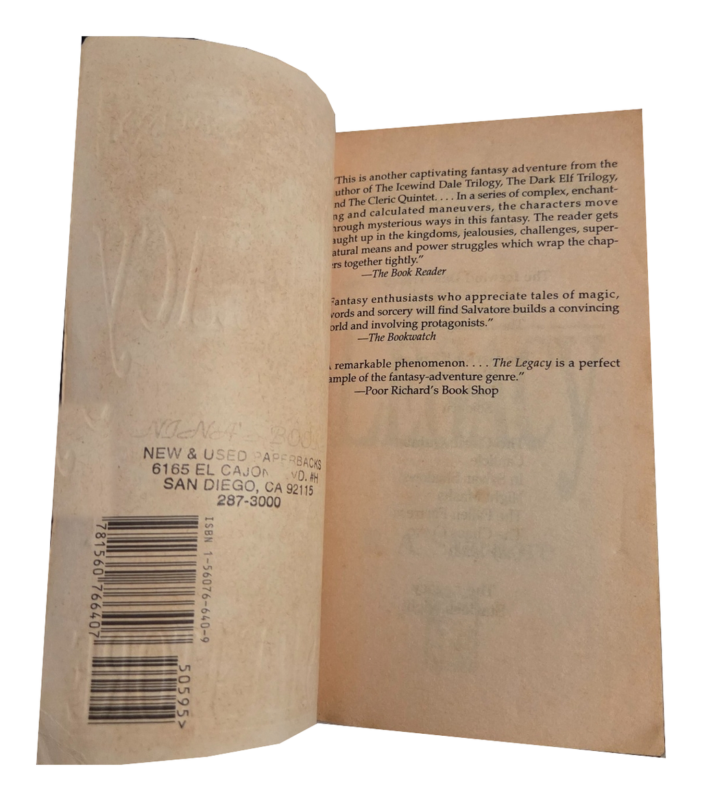 The Legacy by R. A. Salvatore - inside cover, actual pre-owned copy