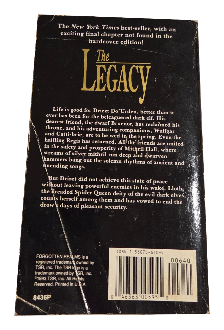 The Legacy by R. A. Salvatore - back cover, actual pre-owned copy