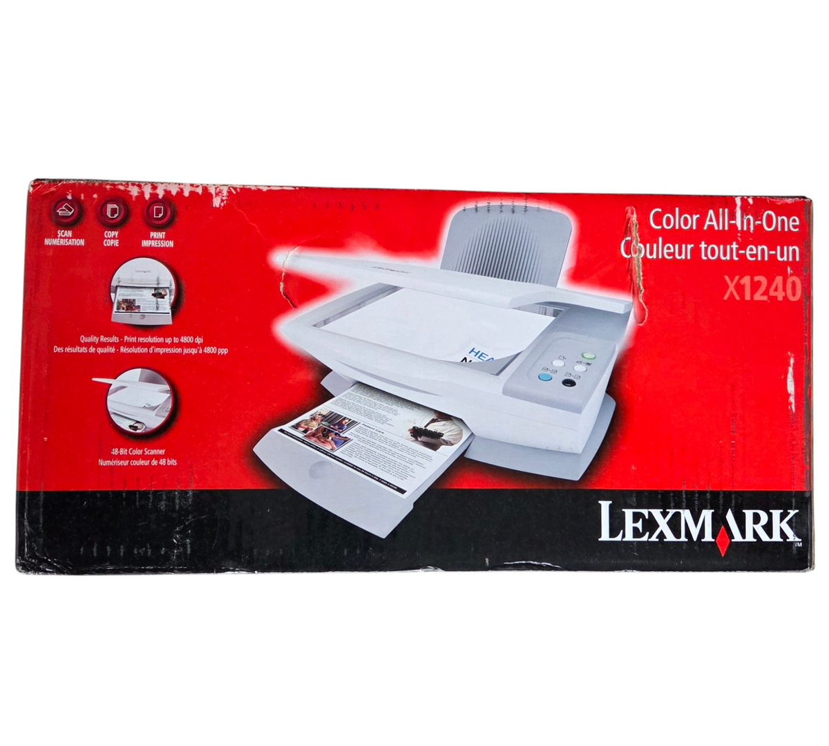 Lexmark X1240 all-in-one printer original box front with visible wear