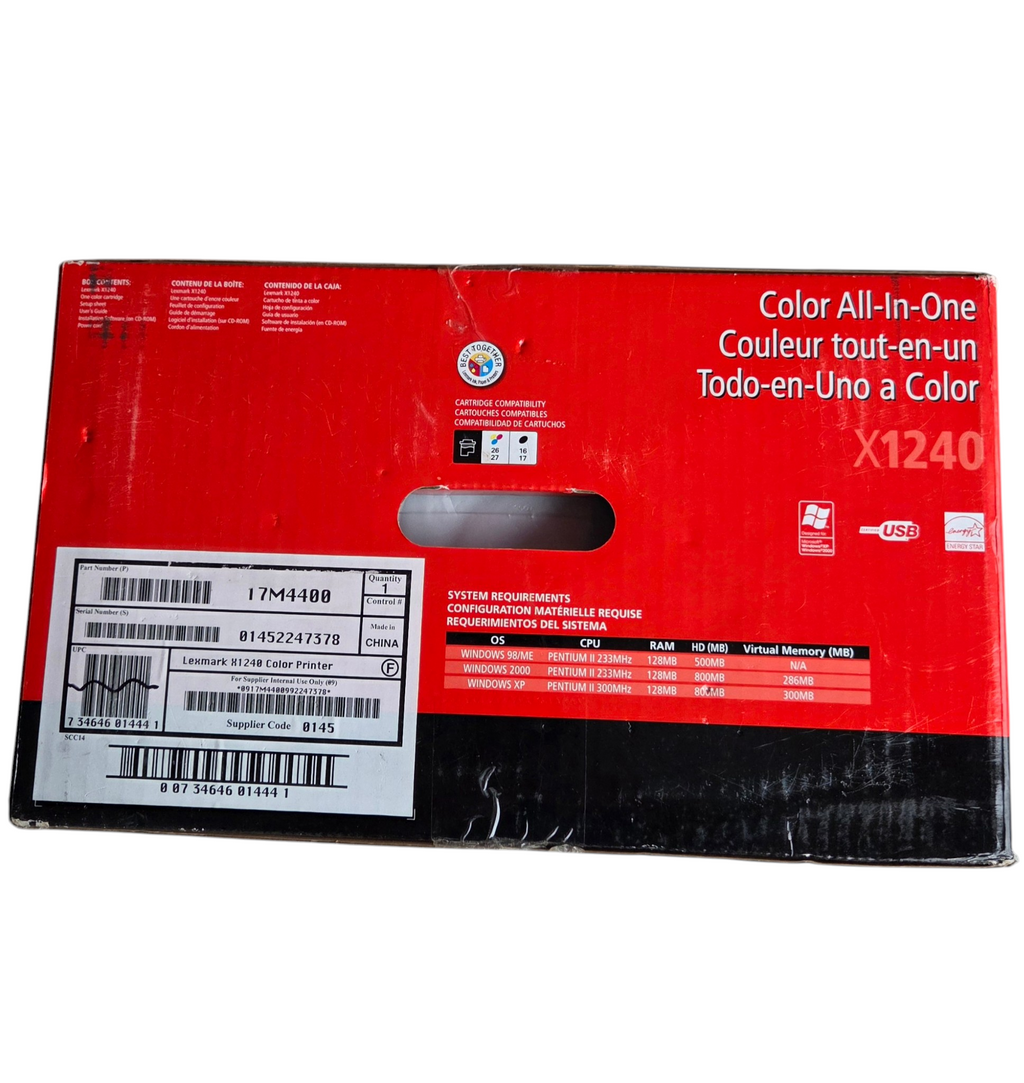 Lexmark X1240 box specifications and barcode