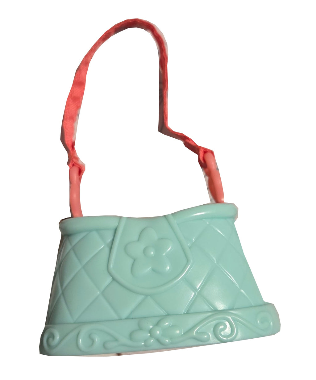 2005 Littlest Pet Shop teal and pink purse carrier back view on white background