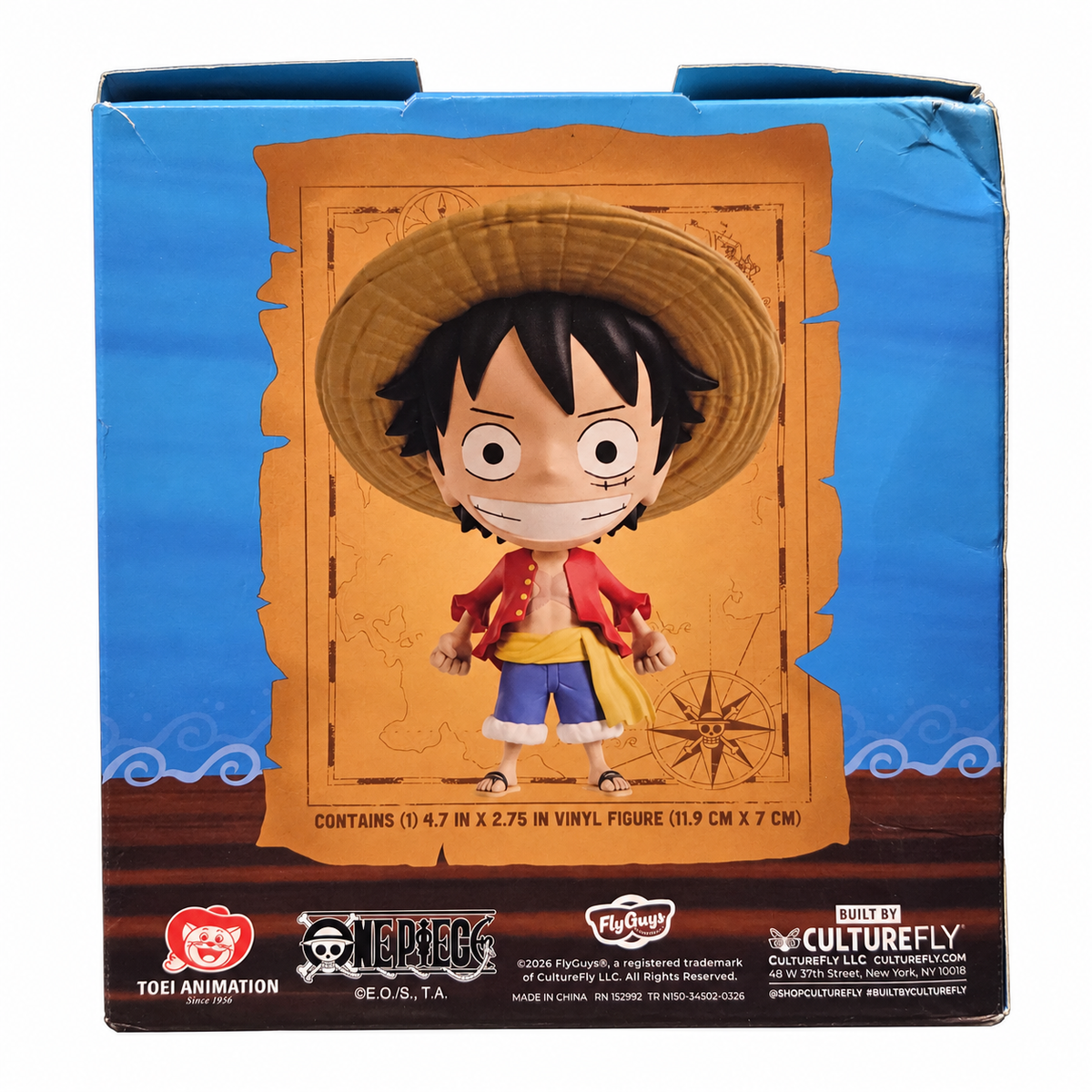 One Piece Luffy FlyGuys vinyl figure back of original box, showing packaging wear