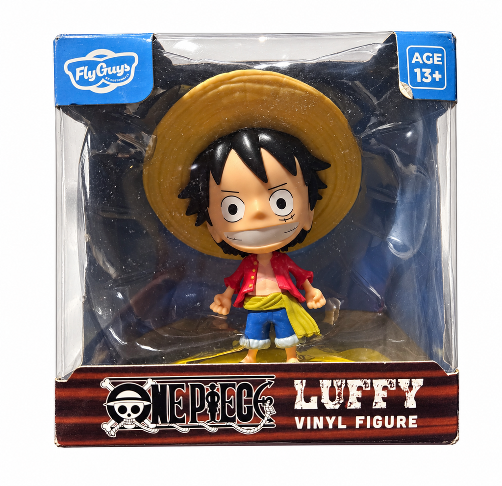 One Piece Luffy FlyGuys vinyl figure front of original box, showing packaging wear