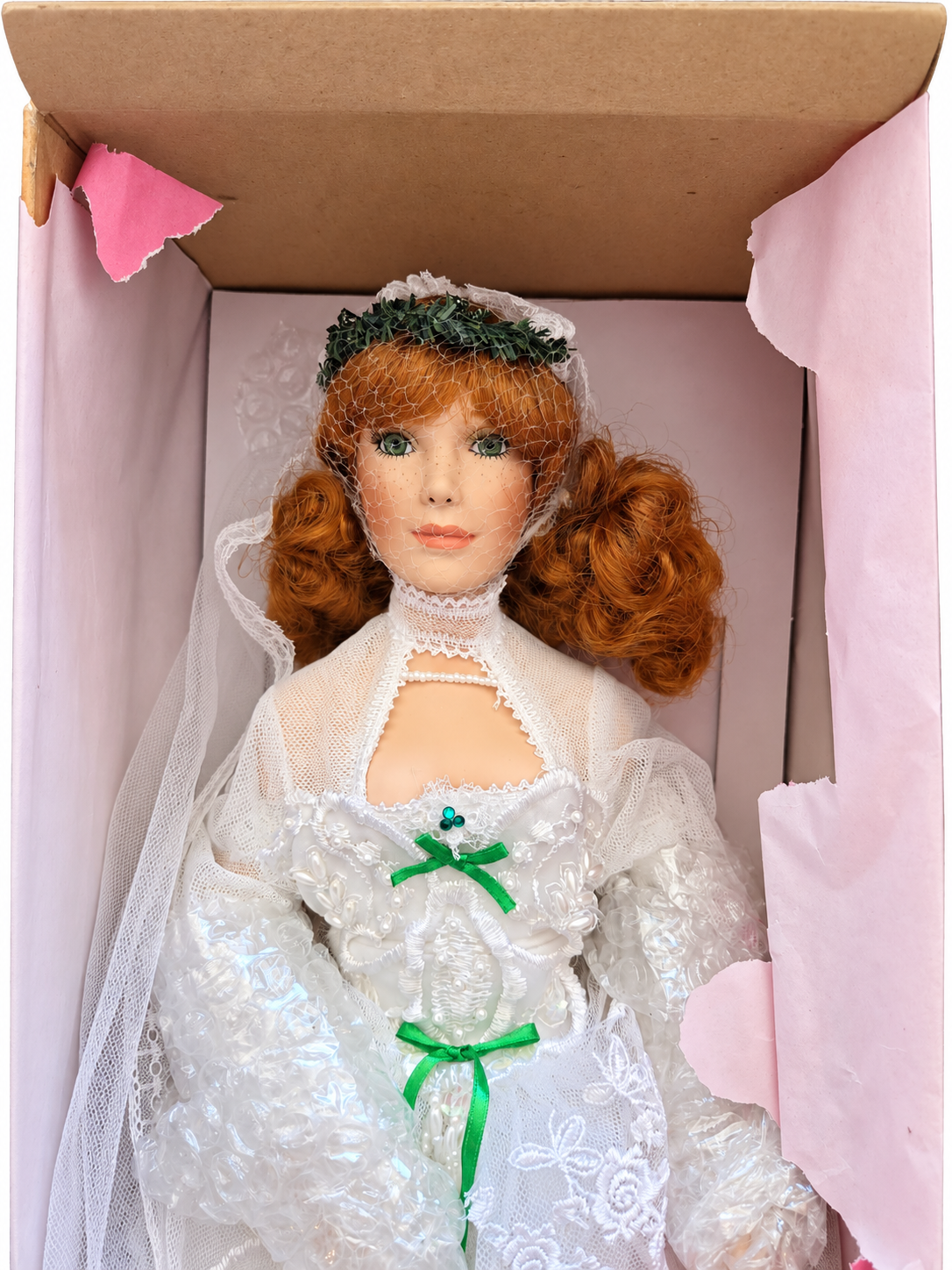 Maureen Irish Bride face, auburn hair, green eyes and original head net detail