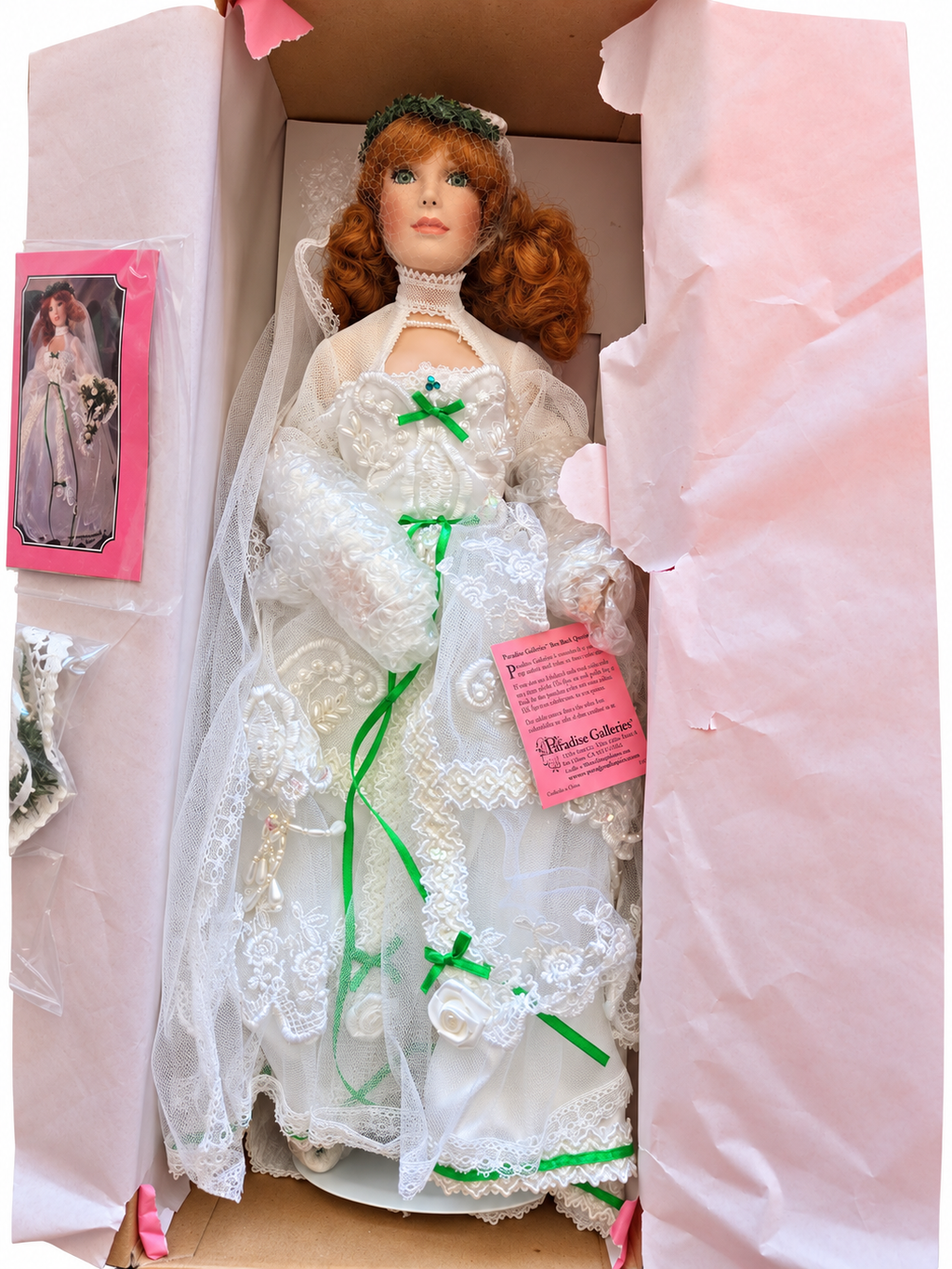 Maureen Irish Bride lace gown and green ribbon details in original packaging
