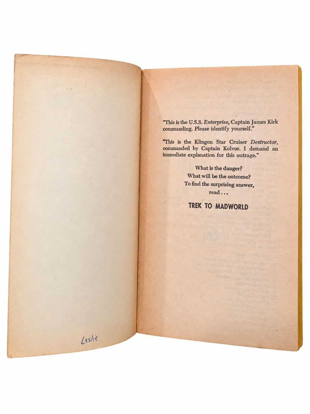 Trek to Madworld inside cover with handwritten Leslie
