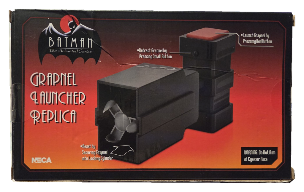 NECA Batman The Animated Series Grapnel Launcher box back, showing original packaging wear