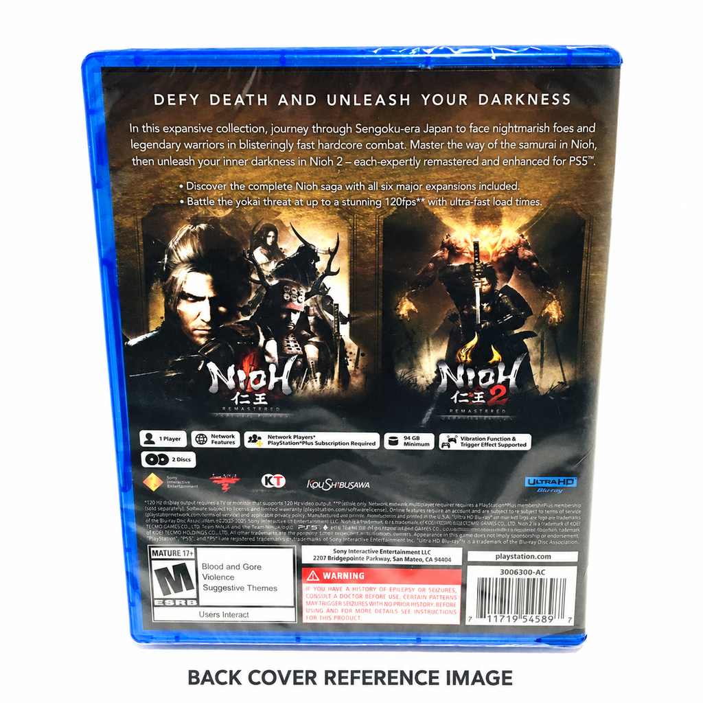 Sourced Nioh Collection PS5 back cover reference on white, not actual copy