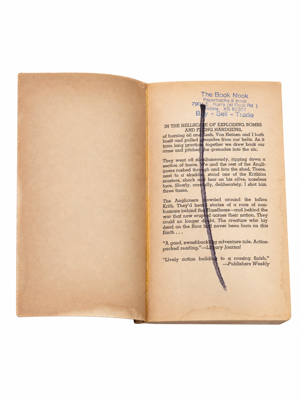 No Brother No Friend inside cover and excerpt with bookstore stamp marker line and staining