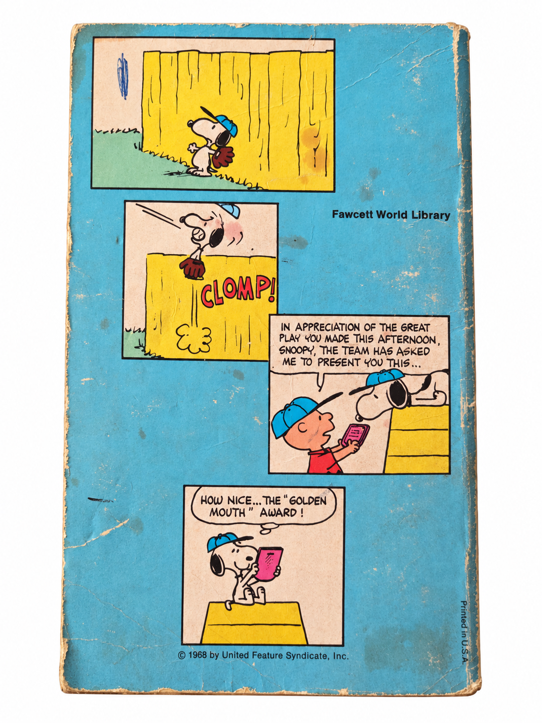 There's No One Like You Snoopy back cover showing wear and blue pen mark