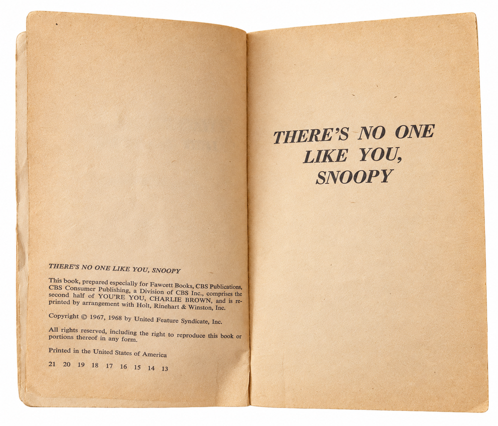 There's No One Like You Snoopy title and copyright pages with age tanning