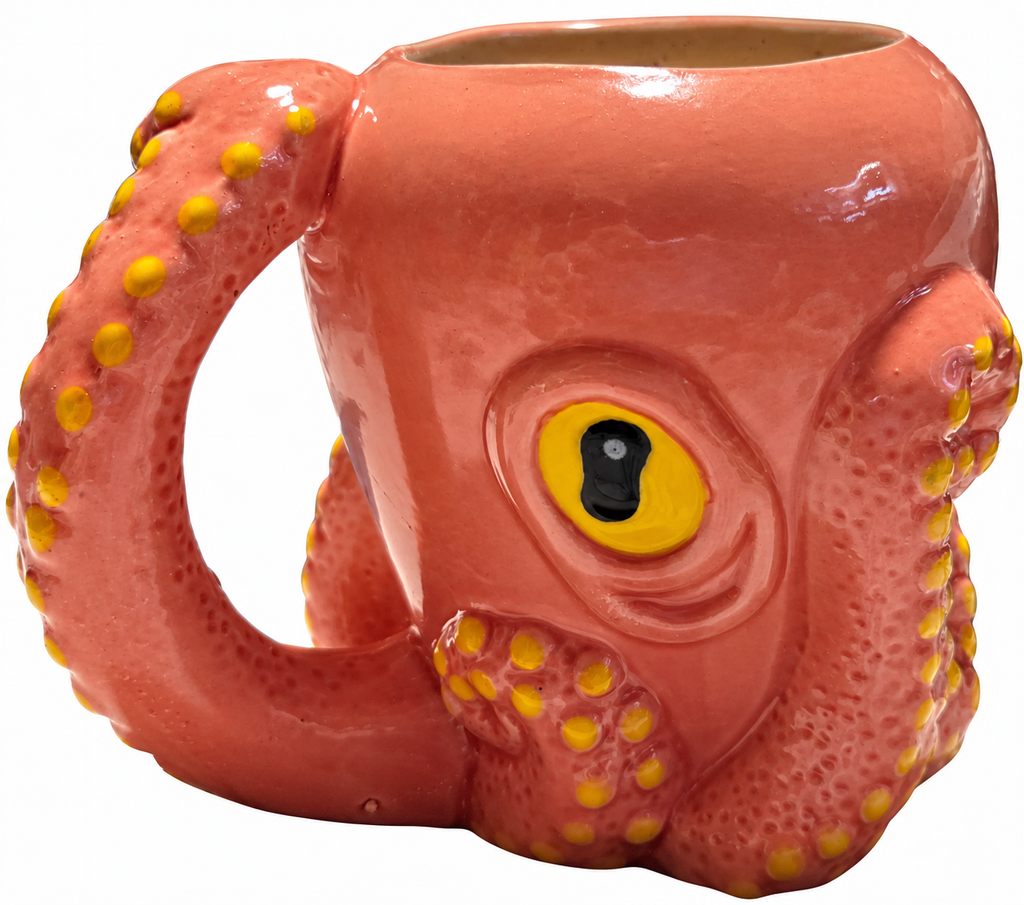 Pink octopus ceramic mug front and tentacle handle on white