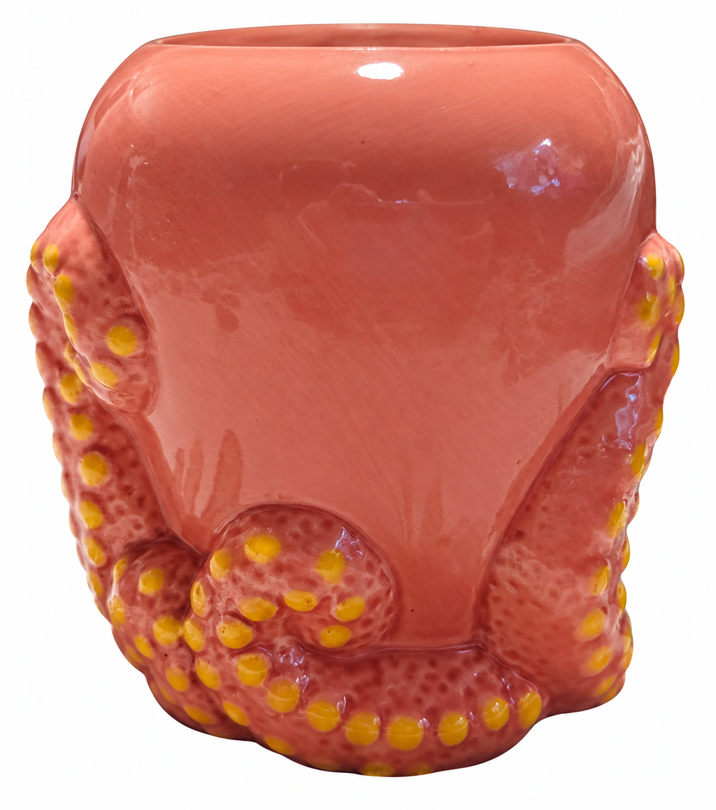 Pink octopus mug rear view on white