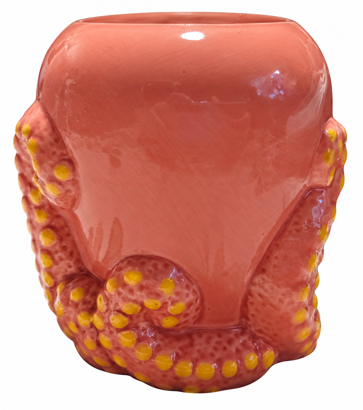 Pink octopus mug rear view on white