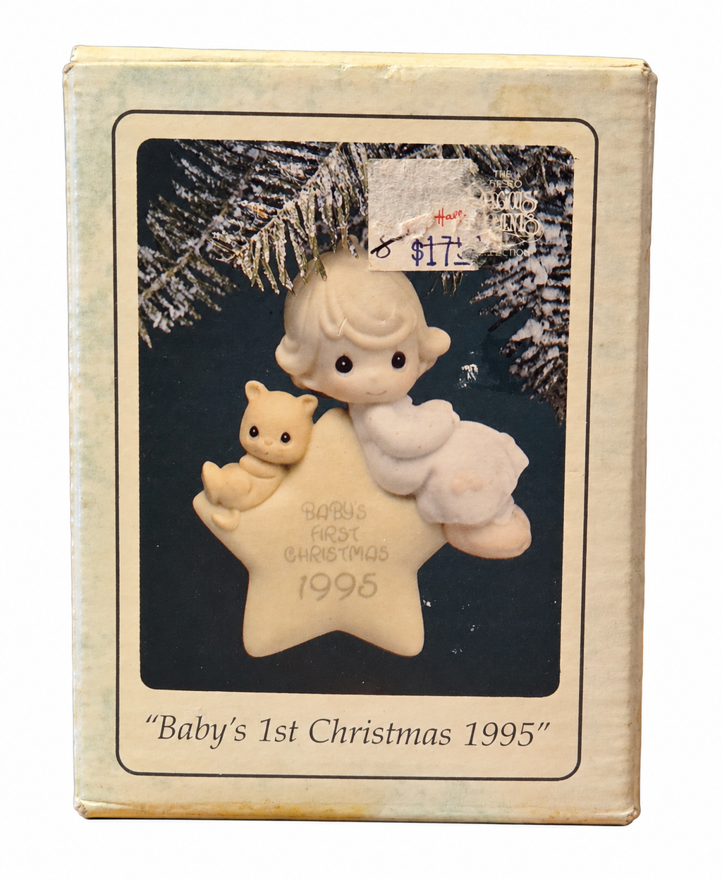 Precious Moments Baby's 1st Christmas 1995 original box front, showing packaging wear and staining