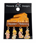 Precious Moments P019 chapel pin with four dangling character charms on original Pinnacle Designs card