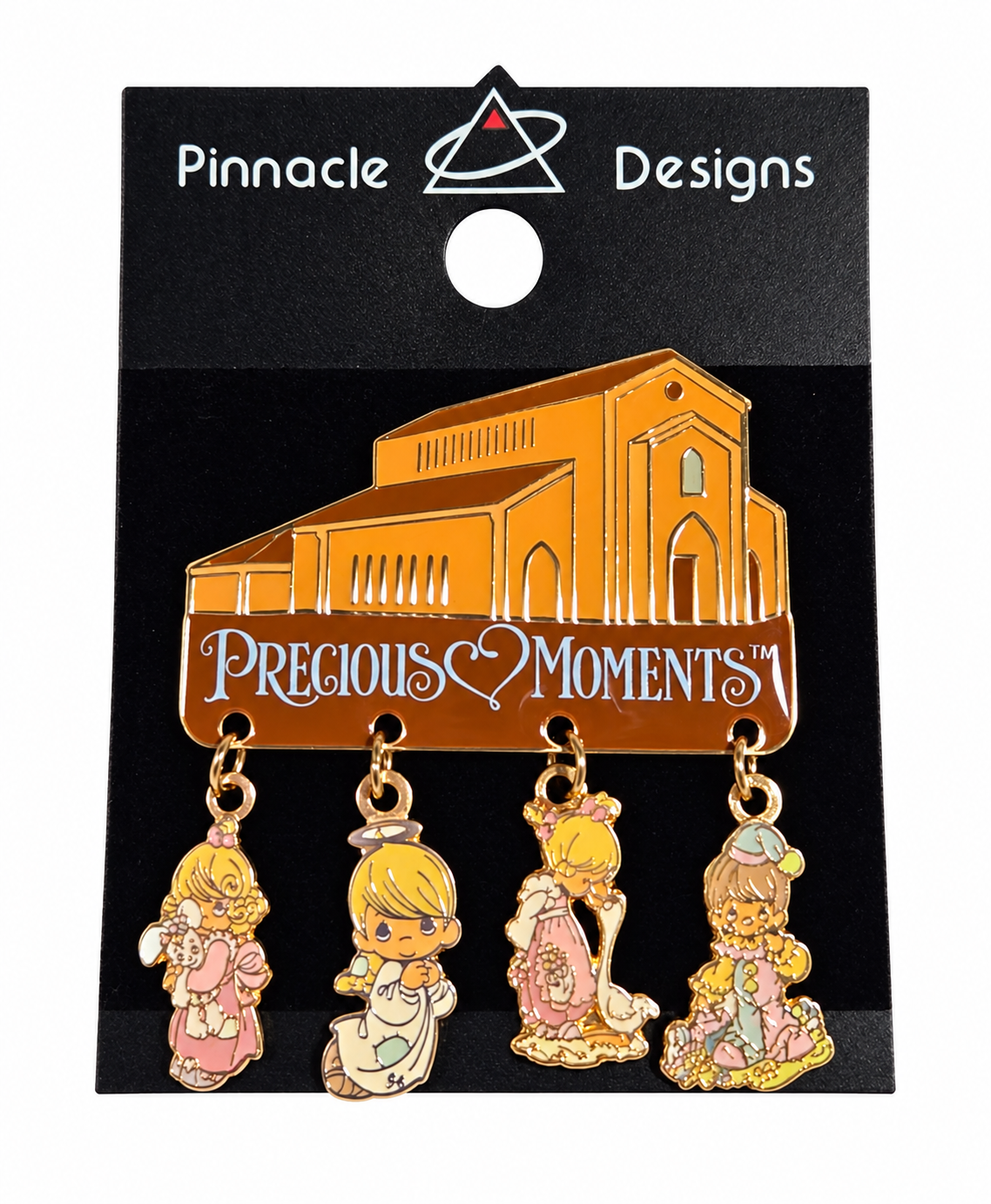 Precious Moments P019 chapel pin with four dangling character charms on original Pinnacle Designs card