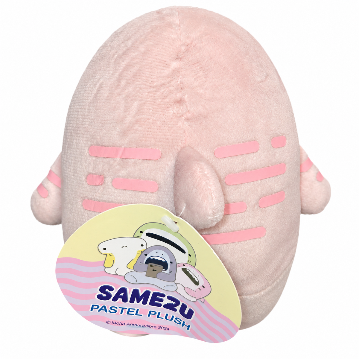 Samezu pastel pink shark plush rear view and original hang tag on white background