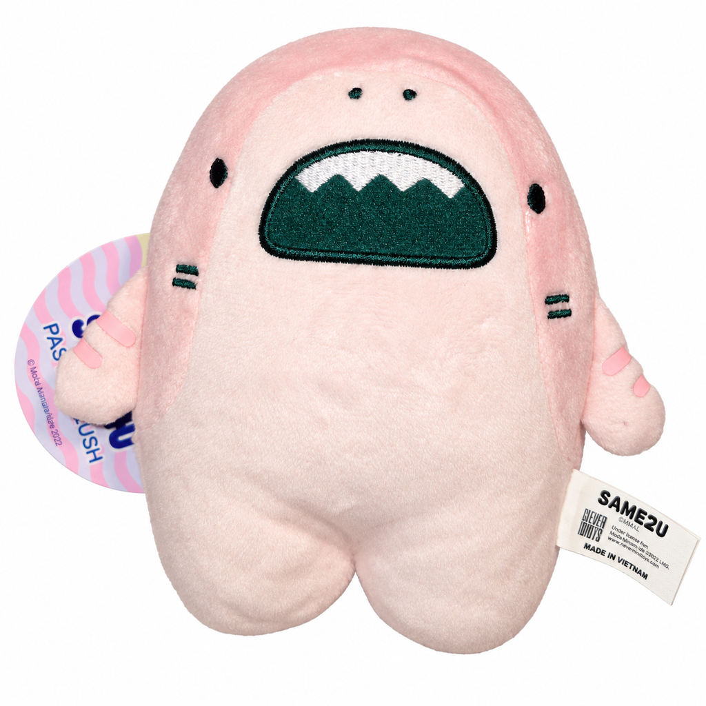 Samezu pastel pink shark plush front view with tags on white background