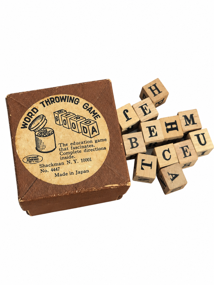 Shackman Word Throwing Game with wooden letter dice on white