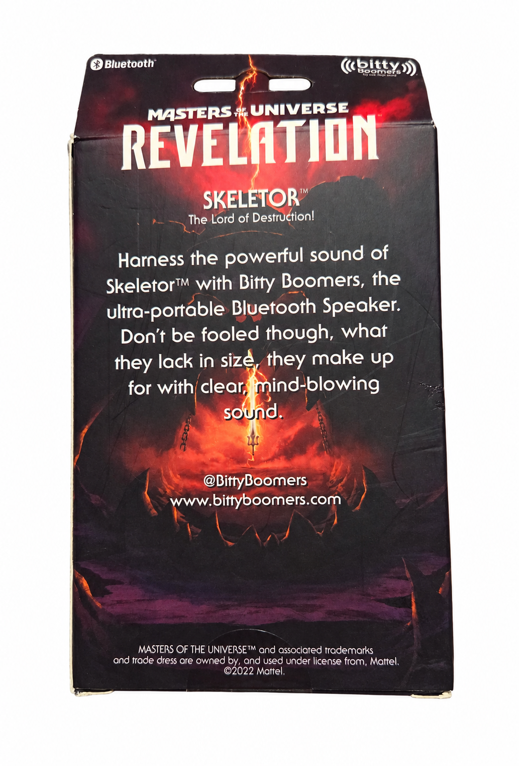 Skeletor Bitty Boomers speaker back of box with original packaging wear