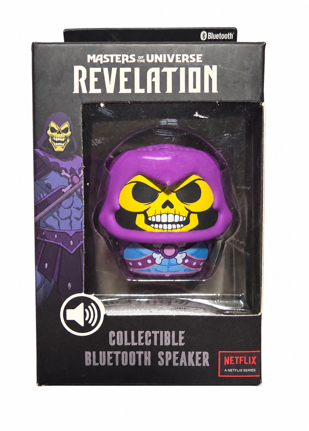 Skeletor Bitty Boomers Bluetooth speaker front of original box, showing window wear