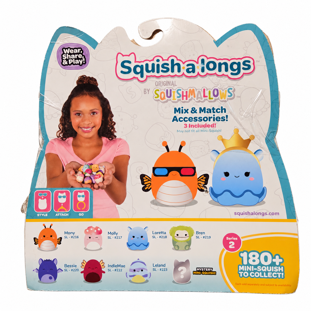 Squish-a-longs Series 2 card back with character guide and packaging wear