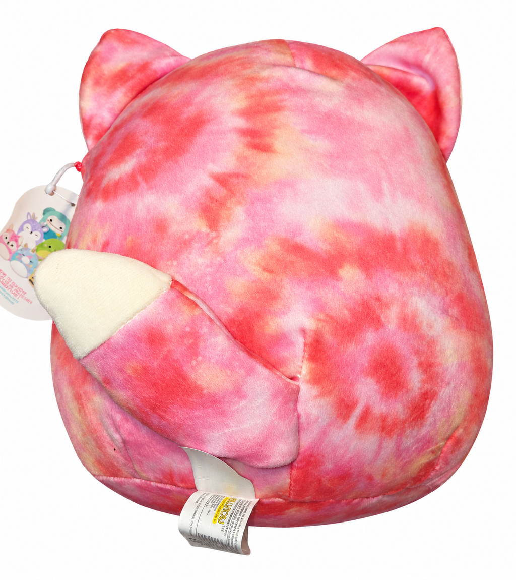 Squishmallows Sabine pink tie dye fox back view on white background