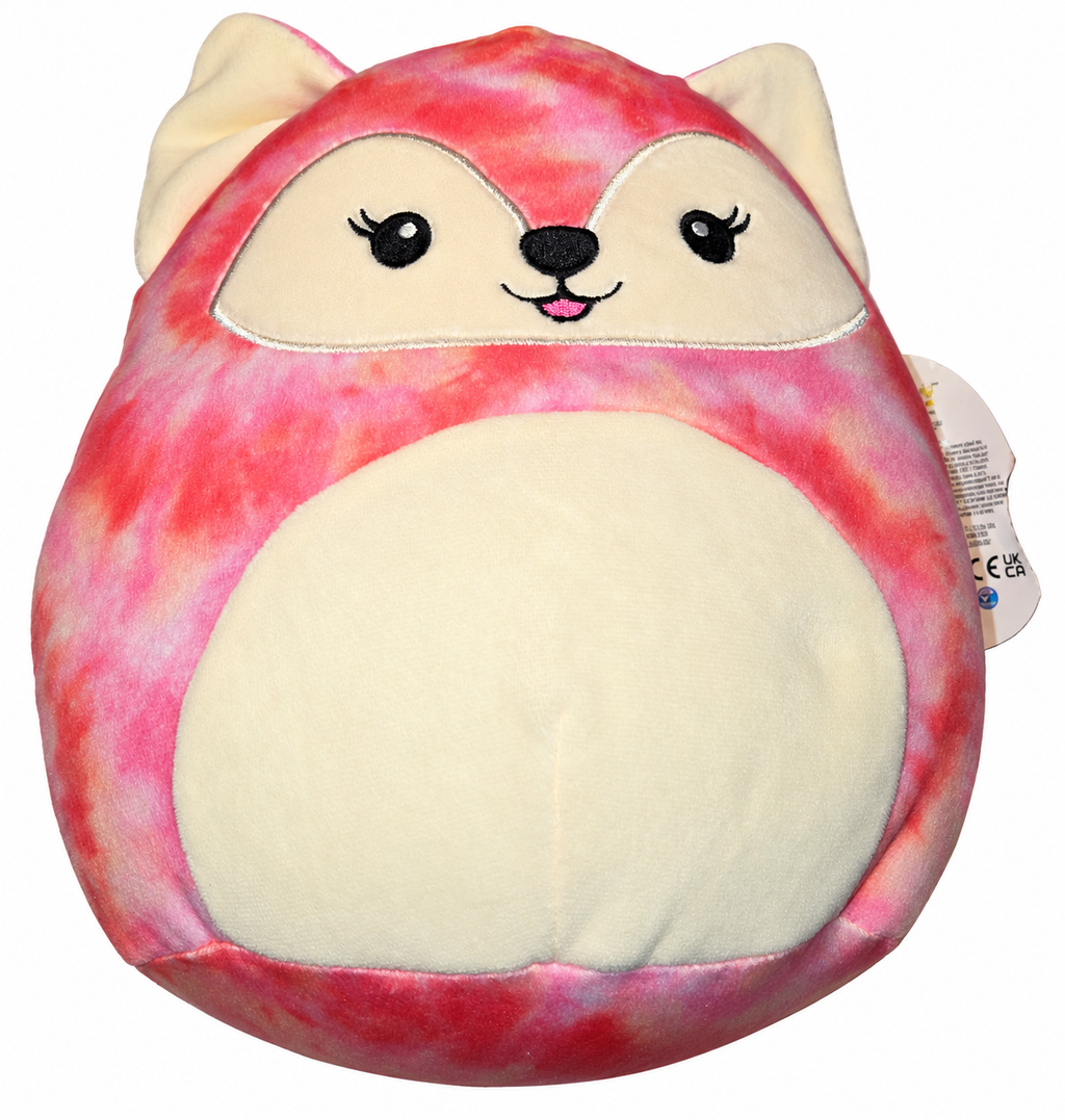 Squishmallows Sabine pink tie dye fox front view on white background