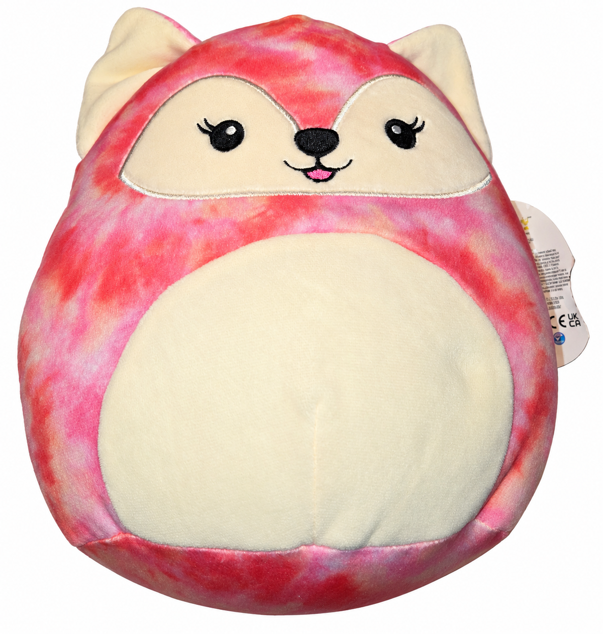 Squishmallows Sabine pink tie dye fox front view on white background