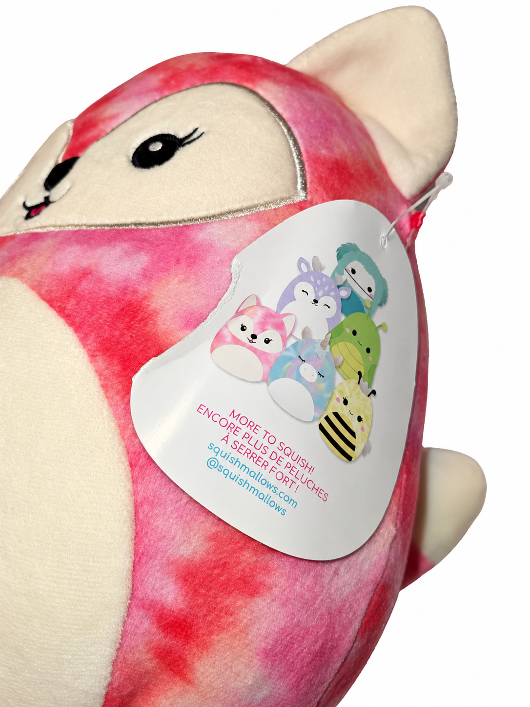 Squishmallows Sabine pink tie dye fox tag view on white background