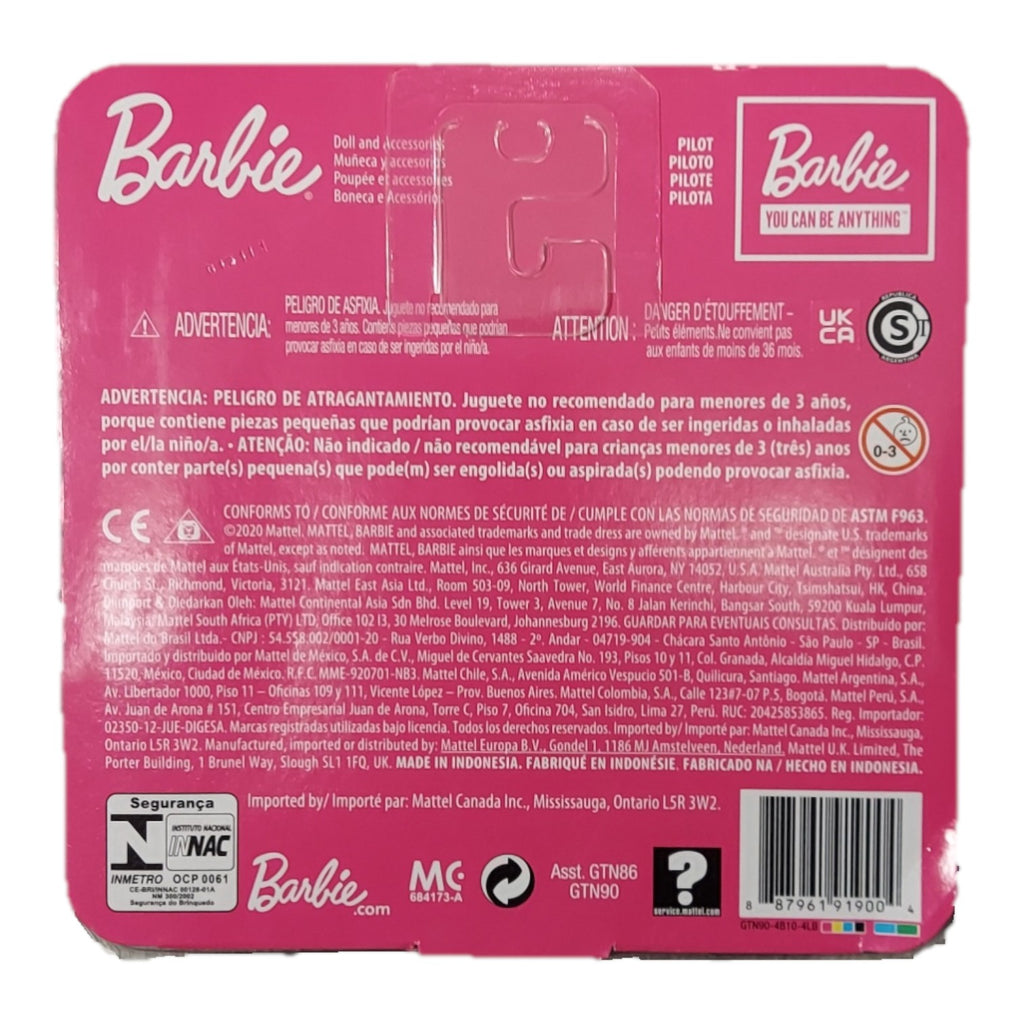 Back of St. Nix Collectibles, Toys & Antiques Barbie Chelsea Pilot doll packaging with safety warnings and details