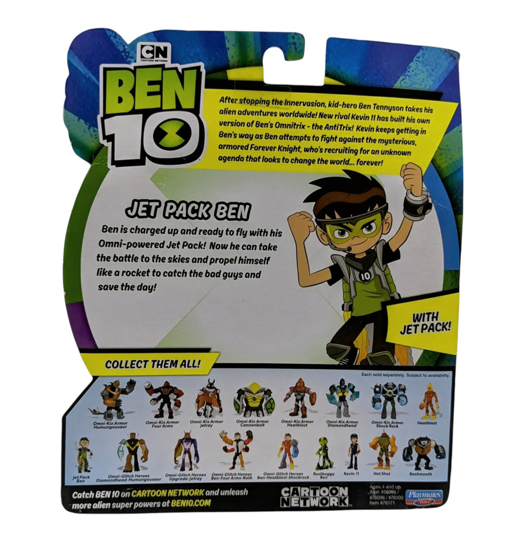 Back of St. Nix Collectibles, Toys & Antiques Ben 10 Omni-Kix Jet Pack Ben action figure packaging with character art
