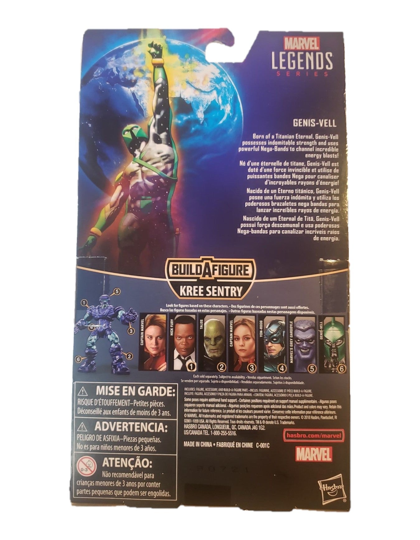 St. Nix Collectibles, Toys & Antiques Marvel Legends Genis-Vell action figure packaging back with Kree Sentry BAF info