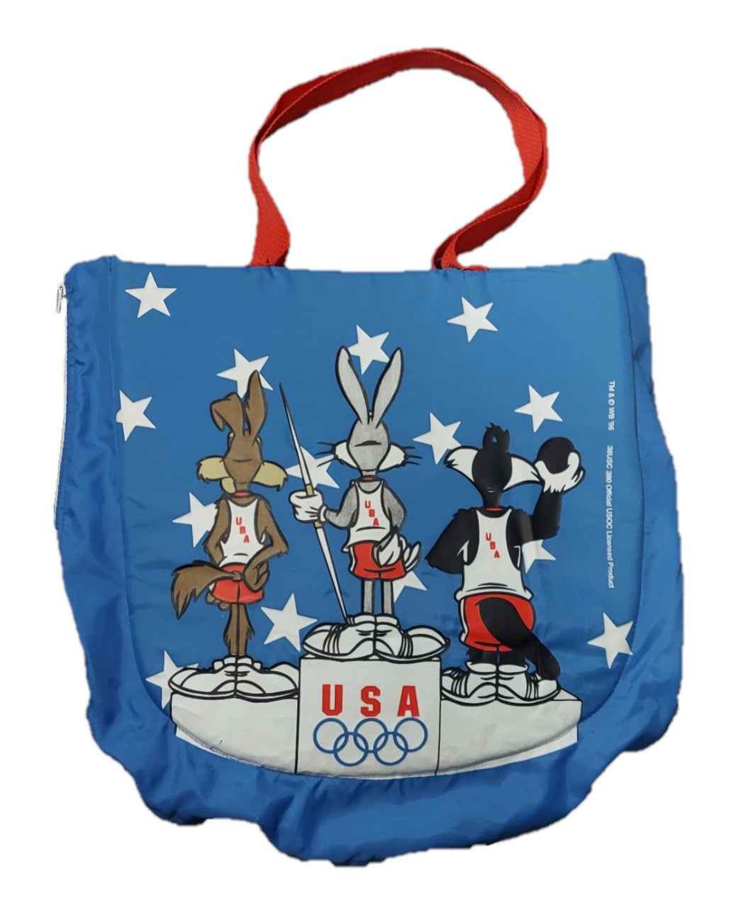 St. Nix Collectibles, Toys & Antiques 1996 Looney Tunes Olympic puffy bag with Bugs Bunny on a blue star print background