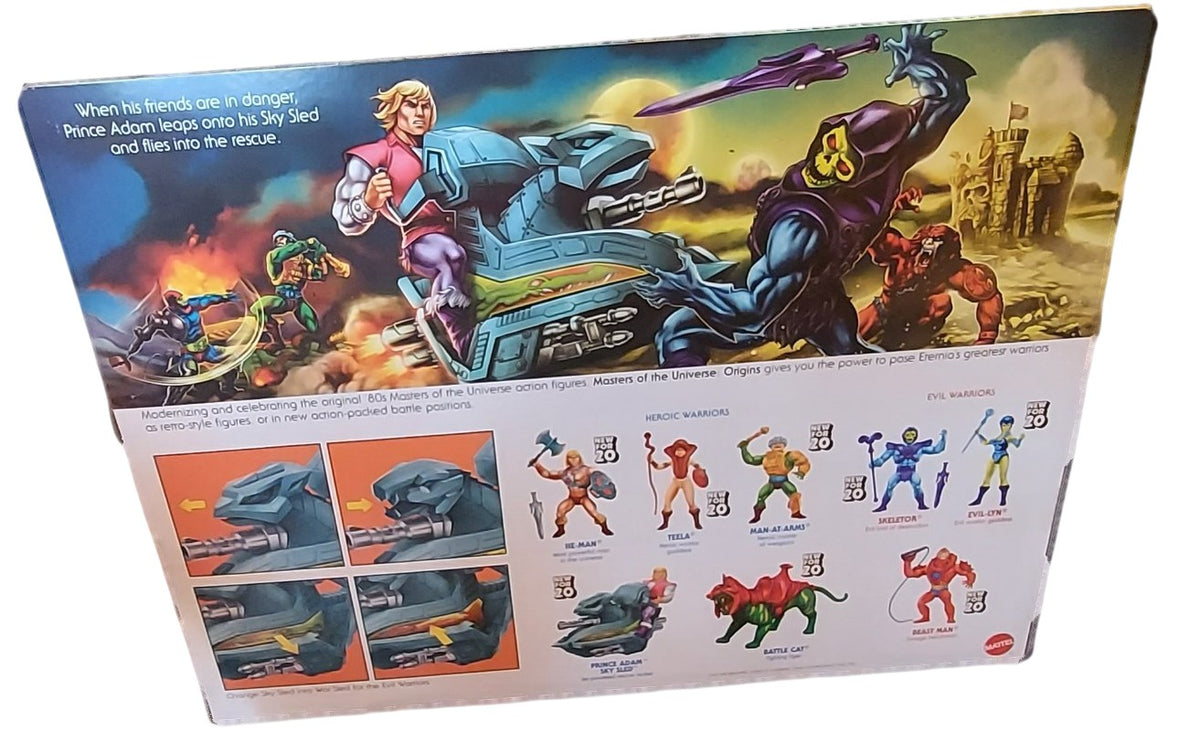St. Nix Collectibles, Toys & Antiques Masters of the Universe Origins Sky Sled packaging back with action figures