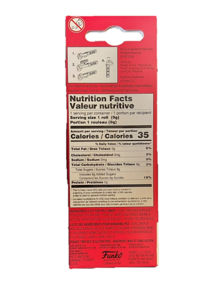 Back of St. Nix Collectibles, Toys & Antiques Funko Christmas Piglet PEZ dispenser packaging with nutrition facts