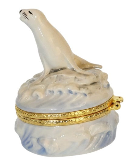 St. Nix Collectibles, Toys & Antiques 1998 Lefton porcelain trinket box featuring a mom and baby seal on a wave base.
