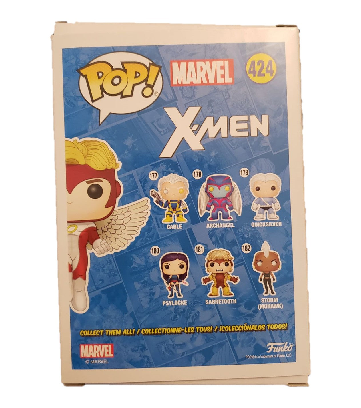 Back of St. Nix Collectibles, Toys & Antiques Funko Pop X-Men Angel #424 box showing Marvel character collection